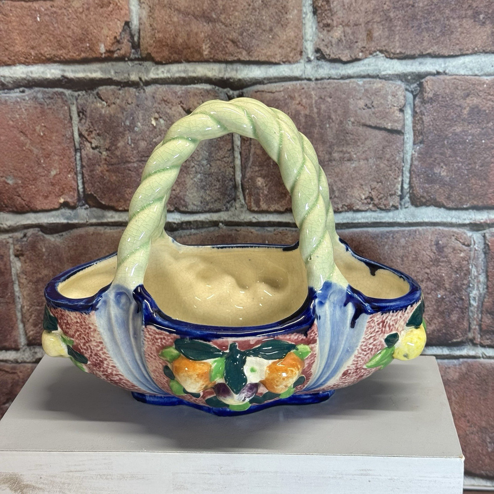 Vintage Majolica Style Open Fruit Basket Dish Bowl w Handle Made in Japan MCM